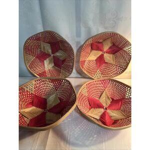 set of 4 vintage hanging red and natural woven wall nesting baskets star motif